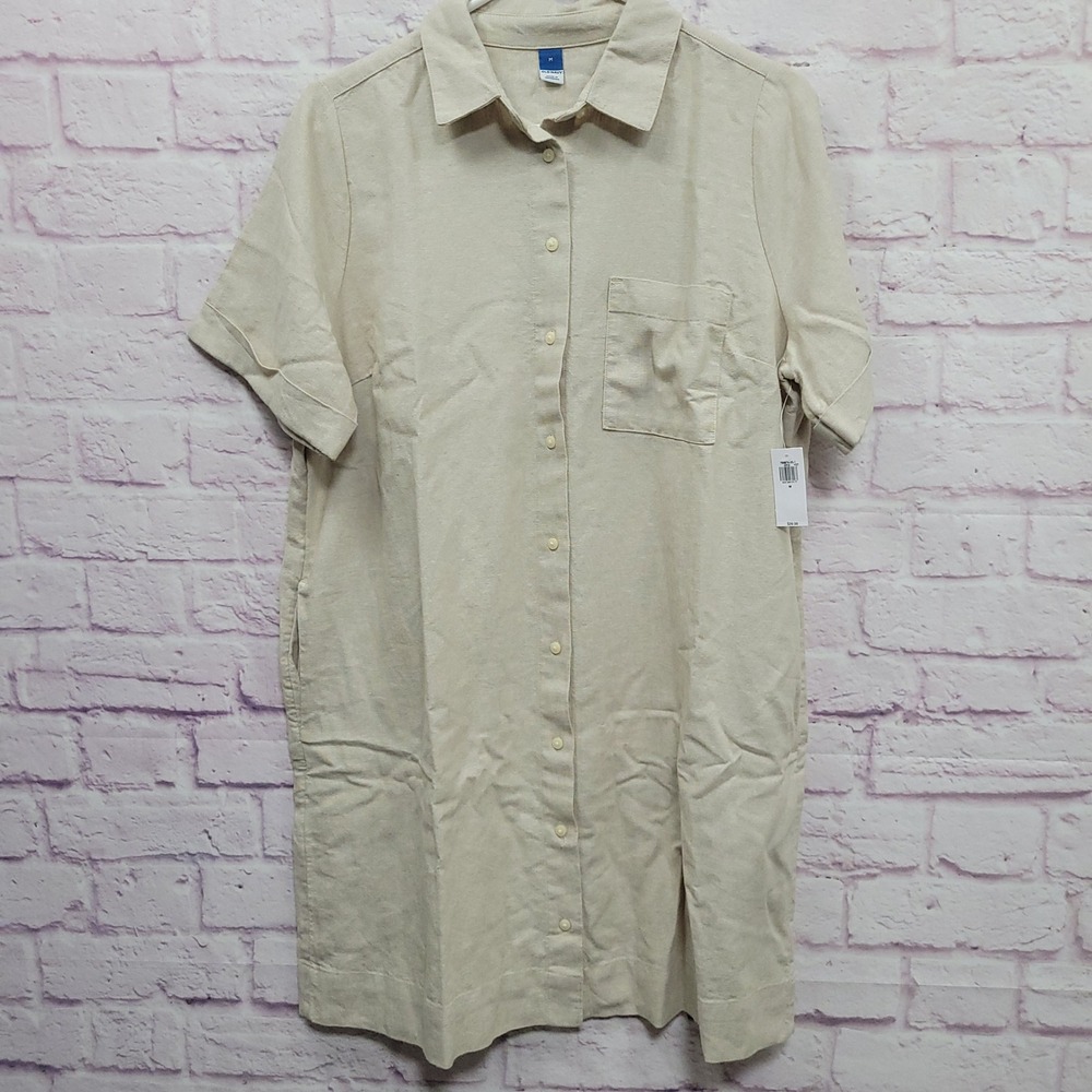 NEW Old Navy Linen Blend Shirt Dress M Beige M Collared Minimalist Casual Earthy